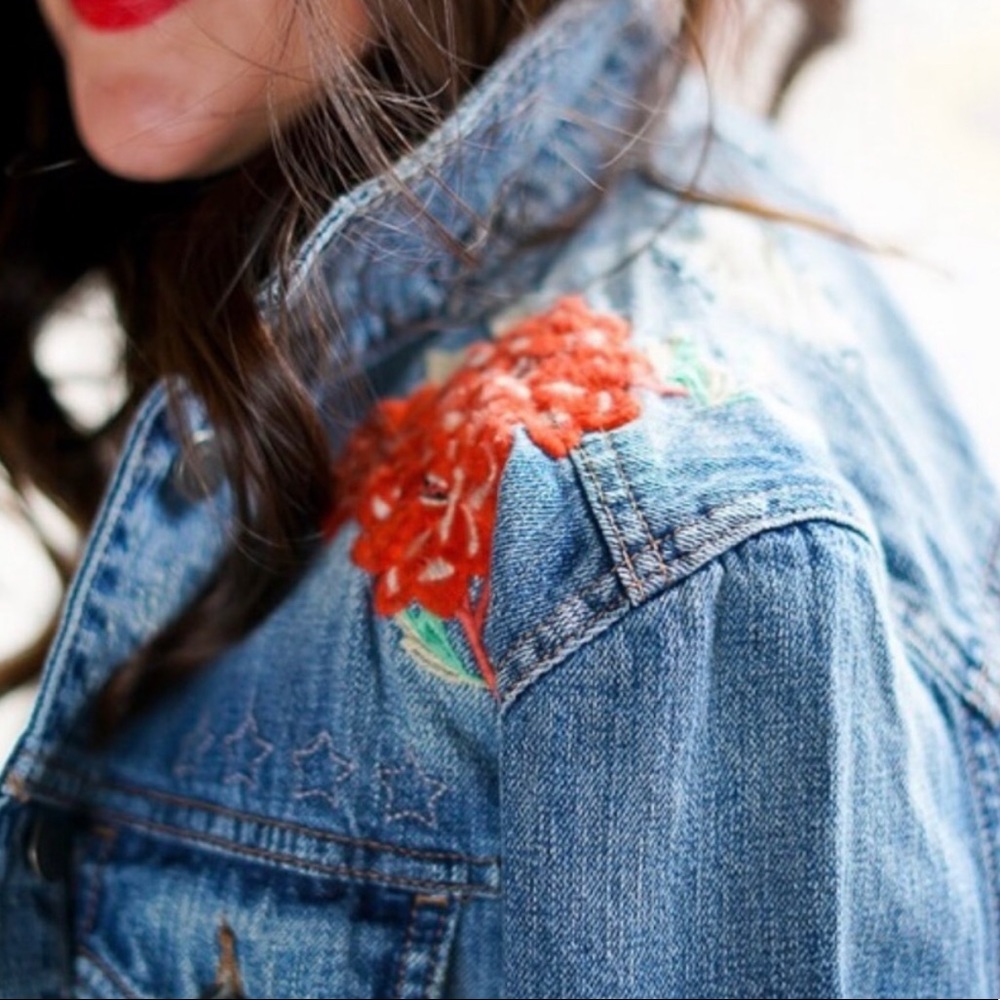 American Eagle Distressed Denim Embroidered Jacket
